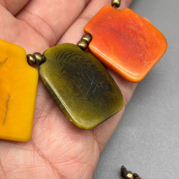 Agate Stone Bead Necklace Green Yellow Orange Polished Natural Brass Spacers - Picture 8 of 12